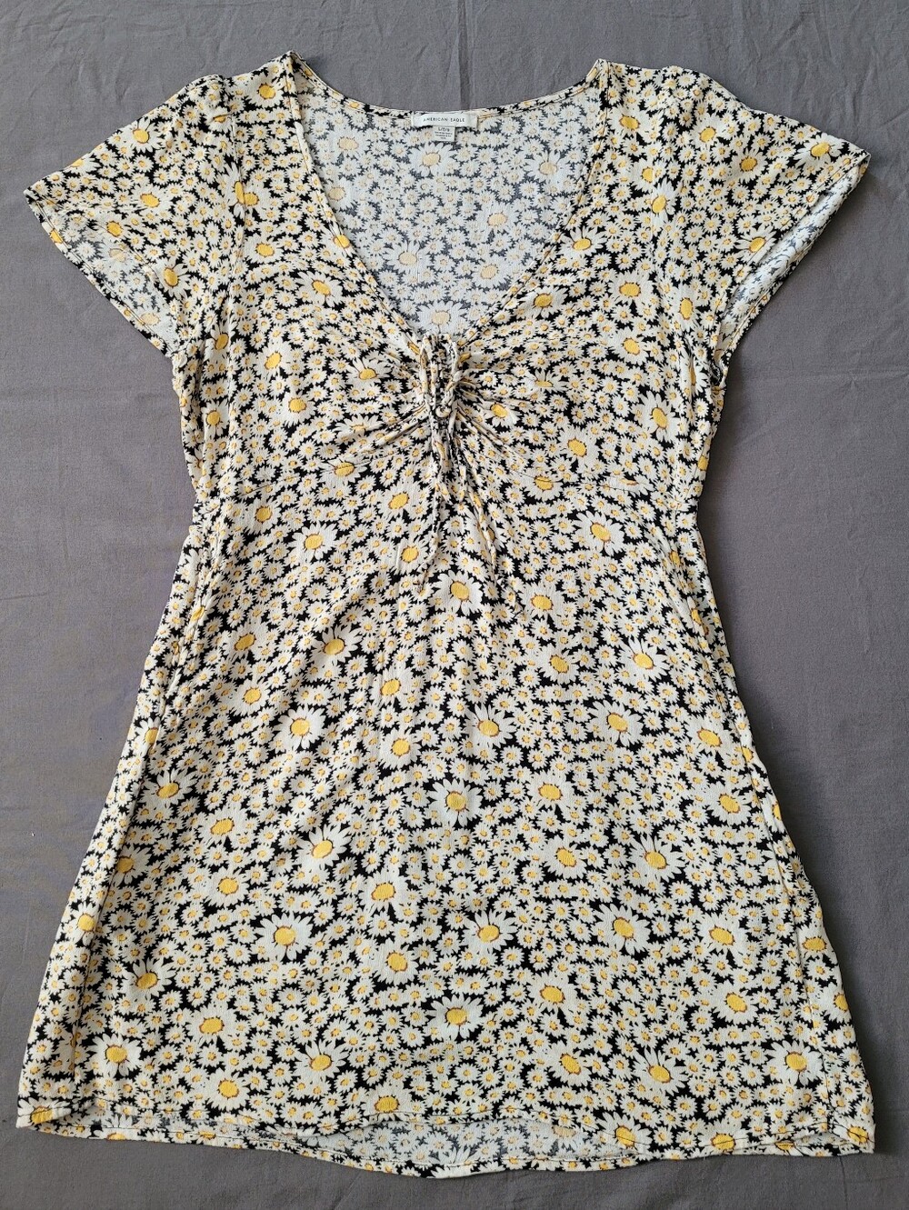 American Eagle Daisy Print Mini Dress Black White Golden Yellow L 12-14